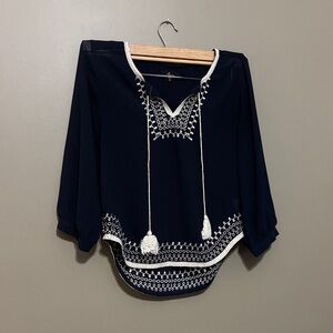 Monteau Dark Blue Blouse with White Embroidery